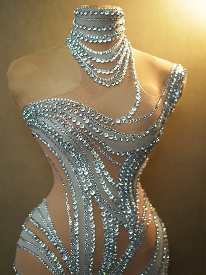 Sexy See Through Mesh Women Party Dress Birthday Sparkly Rhinestones Dinner Evening Dress Photo Shoot Sing Performance Costume