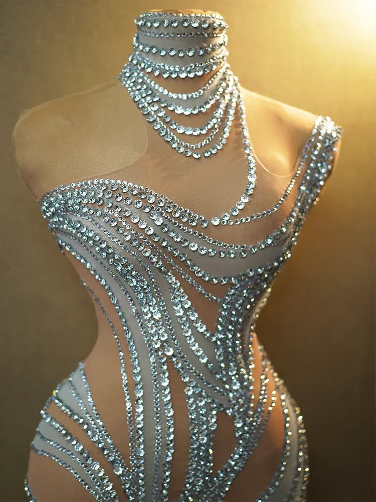 Sexy See Through Mesh Women Party Dress Birthday Sparkly Rhinestones Dinner Evening Dress Photo Shoot Sing Performance Costume