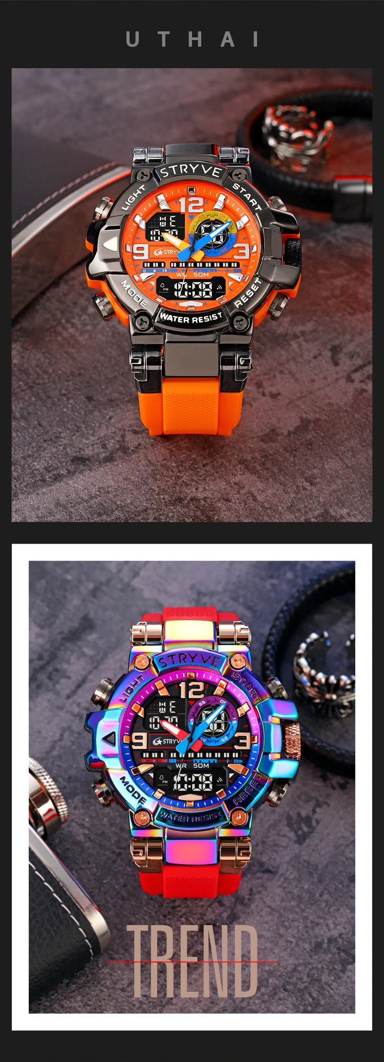 UTHAI CQ254 Fashion Sports electronics Watch Colorful Night Light Man watch Waterproof Multi functional Clock watches for man
