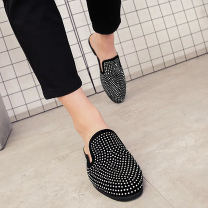 Luxury Glitter Rhinestone Leather Shoes Men Designer Outerwear Mules Casual Slides Slippers Sandals Male Fashion Shoes for Men