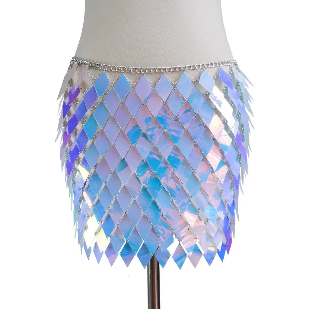 Sequins Skirt Set Women Festival Party Rave Outfit Backless Sexy Body Chain Nightclub Gogo Dancer Costume Summer Beach Wear Jazz