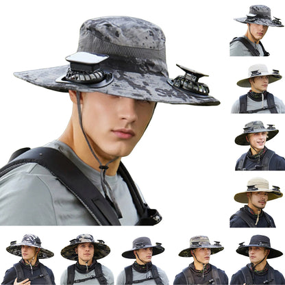 Mens Wide Brim Solar Fan Hat Outdoor 50+Upf Protection Sun Hats With 2 Solar Fan Hiking Fishing Solar Powered Visor Cap Dropping
