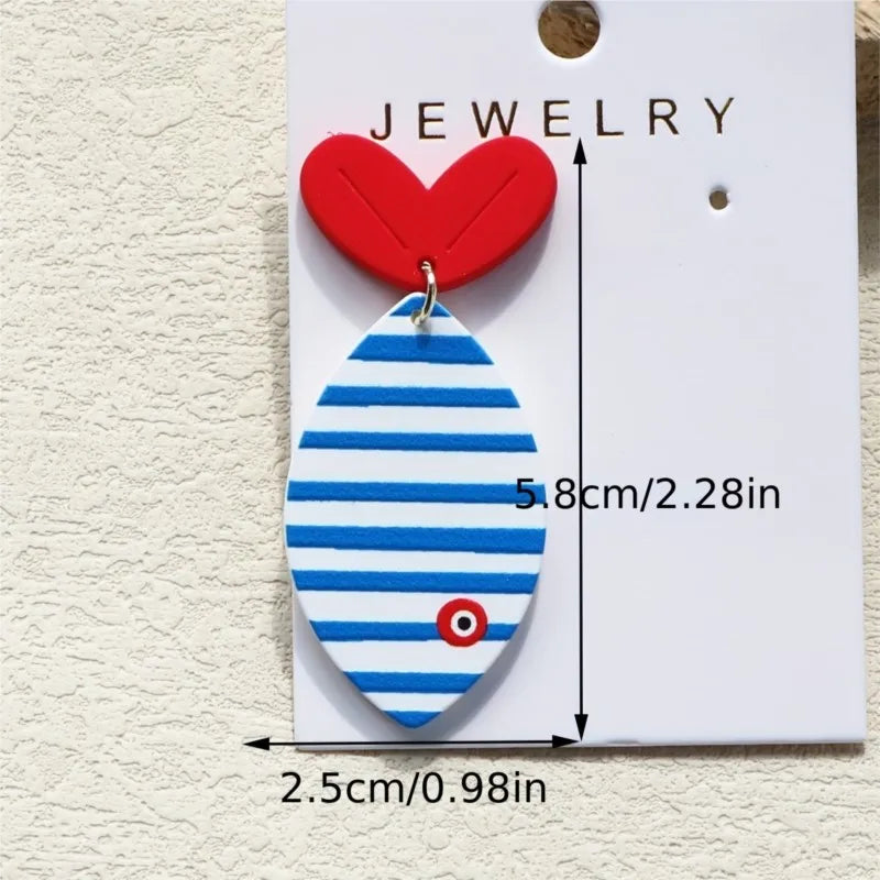 Ocean Blue Striped Print Fish Tail Acrylic Stud Earrings for Women Cute Beach Vacation Design Earrings Party Jewelry Gifts