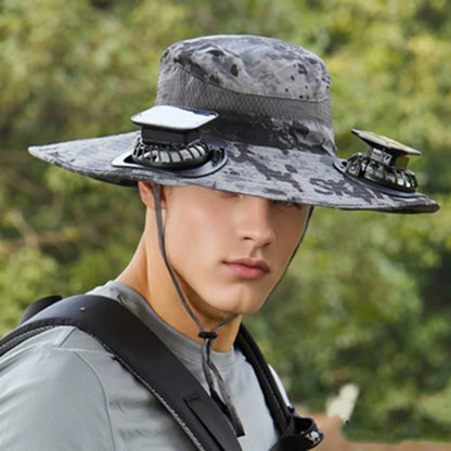 Mens Wide Brim Solar Fan Hat Outdoor 50+Upf Protection Sun Hats With 2 Solar Fan Hiking Fishing Solar Powered Visor Cap Dropping
