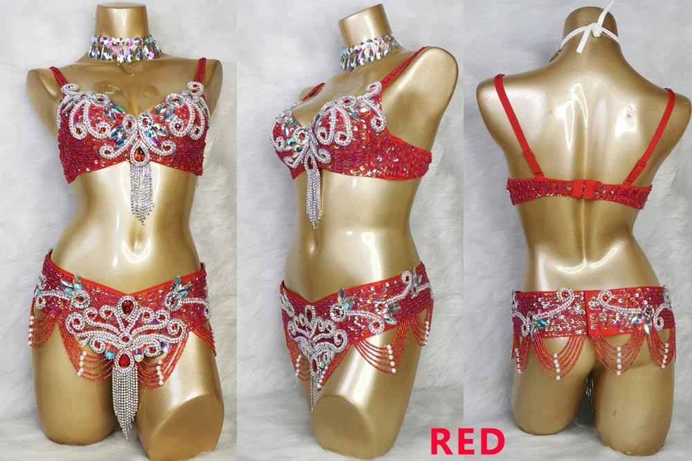 Crystal Belly Dance Costume Samba show bikini Wear Bar+Belt 2pc Set Ladies Bellydancing Costumes Carnival women gogo costumes