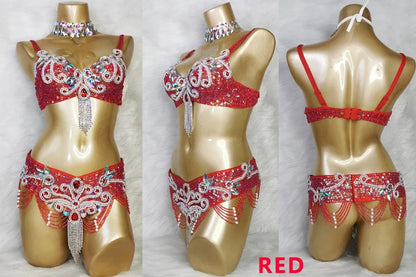 Crystal Belly Dance Costume Samba show bikini Wear Bar+Belt 2pc Set Ladies Bellydancing Costumes Carnival women gogo costumes
