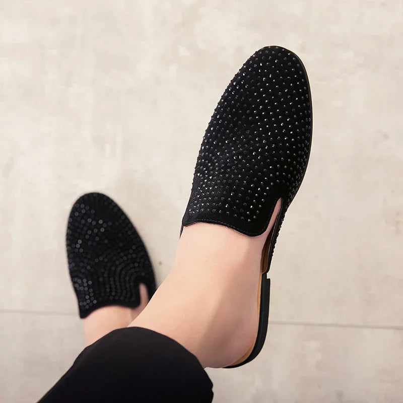 Luxury Glitter Rhinestone Leather Shoes Men Designer Outerwear Mules Casual Slides Slippers Sandals Male Fashion Shoes for Men