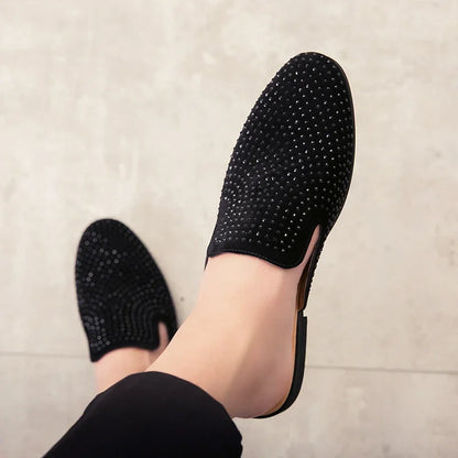 Luxury Glitter Rhinestone Leather Shoes Men Designer Outerwear Mules Casual Slides Slippers Sandals Male Fashion Shoes for Men