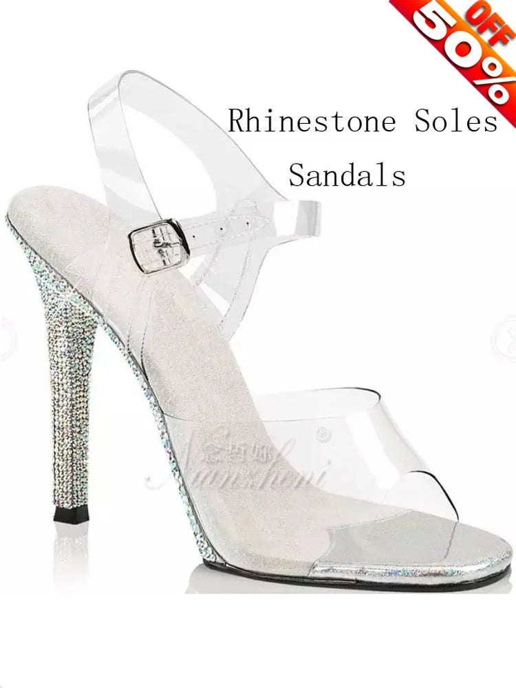 12cm high heel shoes modeling performance, bikini competition shoes, rhinestone soles stripper  fetish sandals evening 5 inches