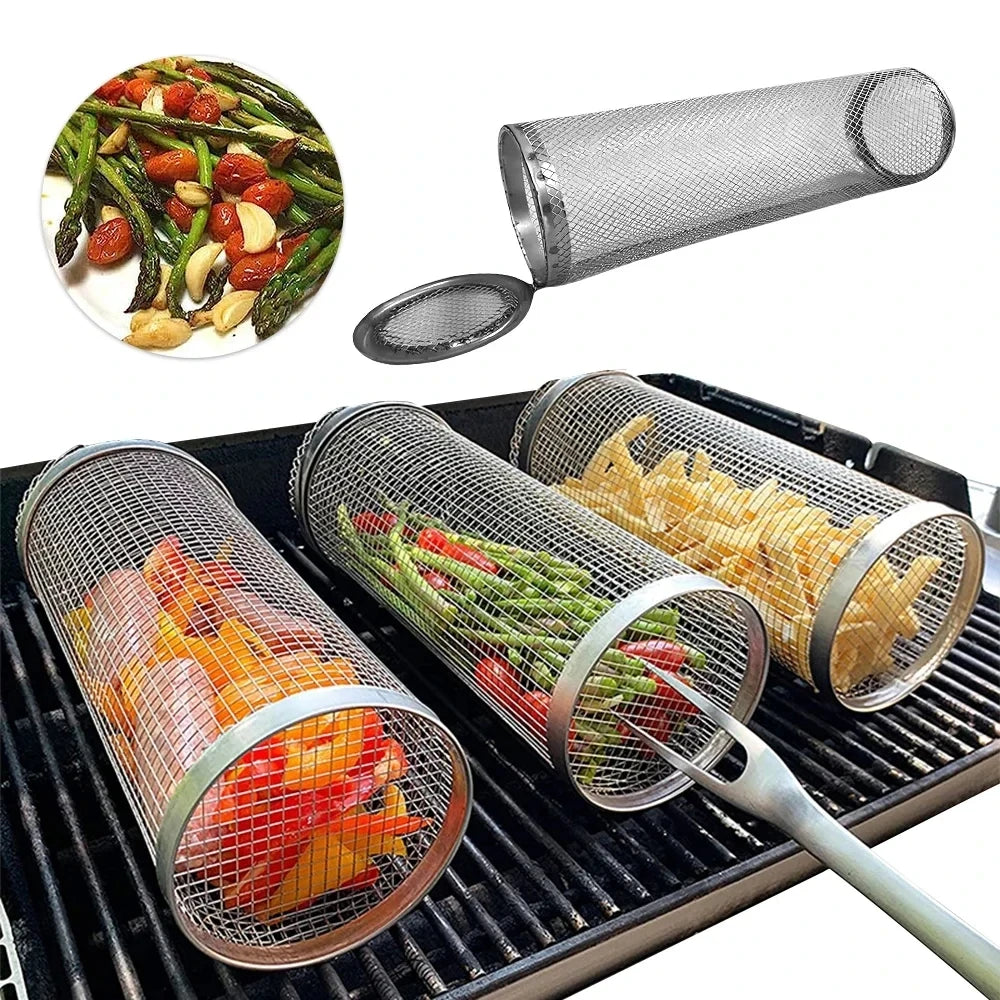 Portable BBQ Basket Stainless Steel Rolling Grilling Basket Wire Mesh Cylinder Grill Basket Round Outdoor Camping Barbecue Rack