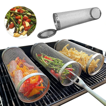Portable BBQ Basket Stainless Steel Rolling Grilling Basket Wire Mesh Cylinder Grill Basket Round Outdoor Camping Barbecue Rack