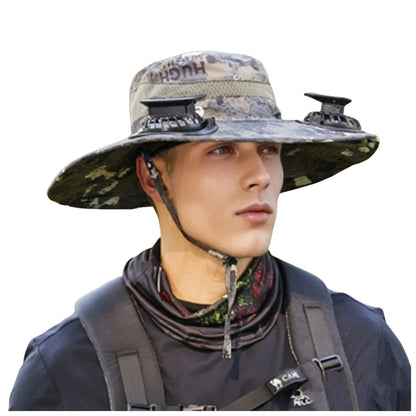Mens Wide Brim Solar Fan Hat Outdoor 50+Upf Protection Sun Hats With 2 Solar Fan Hiking Fishing Solar Powered Visor Cap Dropping