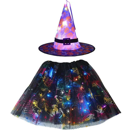 Women Kids Girl Luminous LED Glow Light Up Elf Witch Hat Star Skirt Spider Web Tutu Wizard Costume Party Gift Halloween Festival