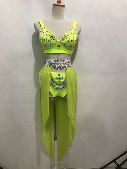 New Sexy Handmade DIY Sewing Top + Shorts + Gauze Skirt 3piece Set Nightclub DJ Singer Stage Costumes Women Summer Clothing