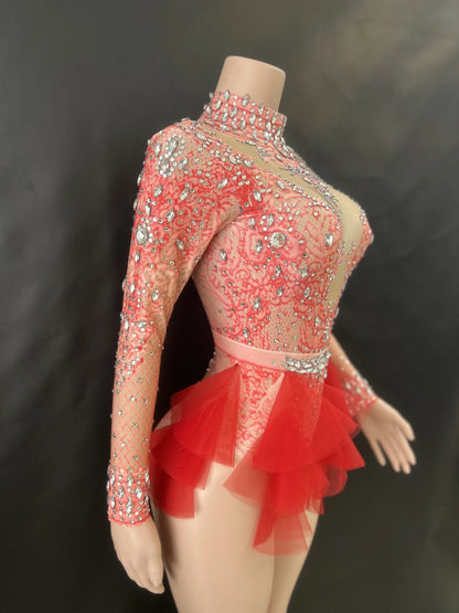Sparkly Rhinestones Bodysuit Women ElasticPink Mesh Ruffles Crystal Leotard NightclubDancer Costume Stage Wear Party Outfit 7G