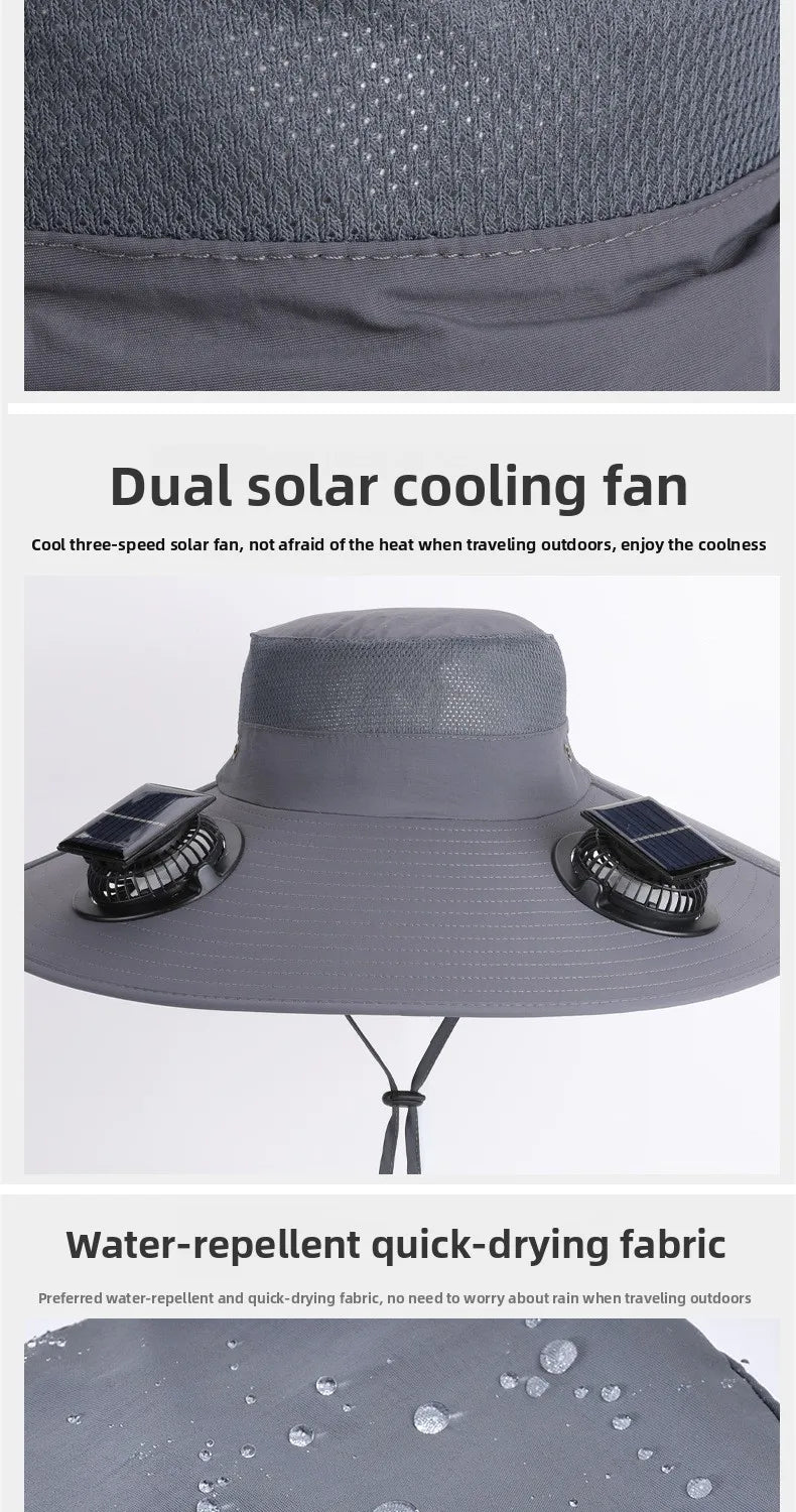 Summer New Dual Solar Fan Hat For Men Outdoor Fishing Sun Protection Visor Hat Large Brim Quick Drying Waterproof Bucket Hat