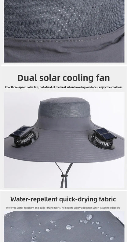 Summer New Dual Solar Fan Hat For Men Outdoor Fishing Sun Protection Visor Hat Large Brim Quick Drying Waterproof Bucket Hat
