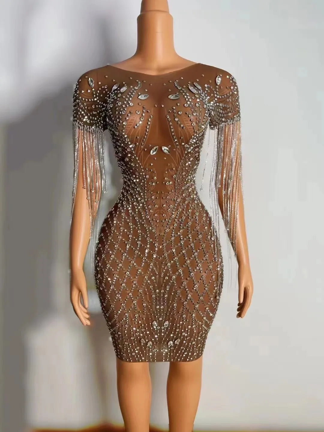 Sexy Silver Rhinestones Fringes Transparent Brown Mesh Stretch Dress Evening Birthday Celebrate Outfit Sexy Performance Dress