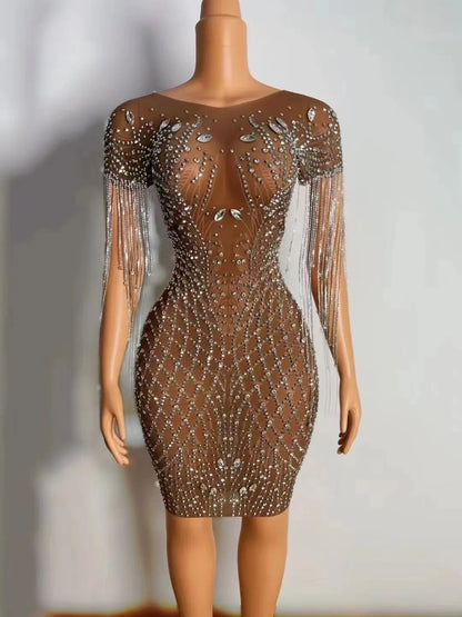 Sexy Silver Rhinestones Fringes Transparent Brown Mesh Stretch Dress Evening Birthday Celebrate Outfit Sexy Performance Dress