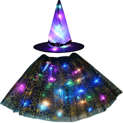 Women Kids Girl Luminous LED Glow Light Up Elf Witch Hat Star Skirt Spider Web Tutu Wizard Costume Party Gift Halloween Festival