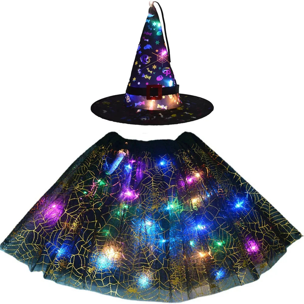 Women Kids Girl Luminous LED Glow Light Up Elf Witch Hat Star Skirt Spider Web Tutu Wizard Costume Party Gift Halloween Festival