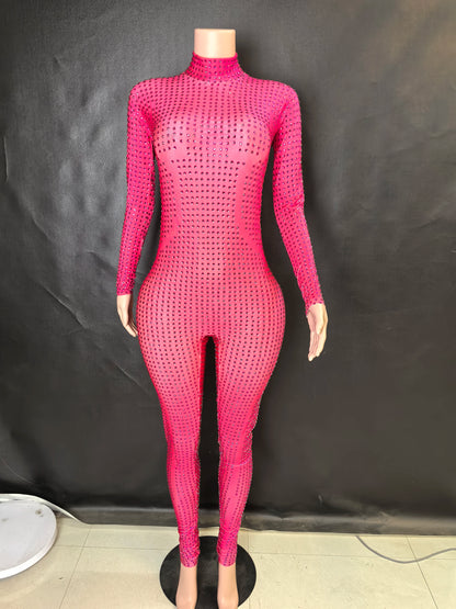 Sparkly Long Sleeve Crystal Rompers Pole DanceBodycon Bodysuits Stage Performance WearWomen Party One Piece Jumpsuits  7G