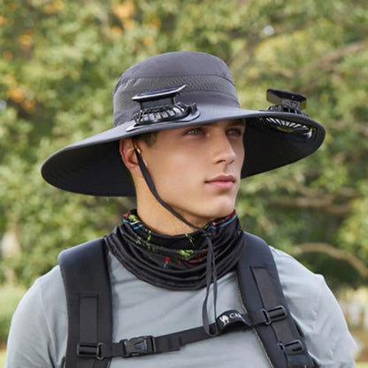 Mens Wide Brim Solar Fan Hat Outdoor 50+Upf Protection Sun Hats With 2 Solar Fan Hiking Fishing Solar Powered Visor Cap Dropping