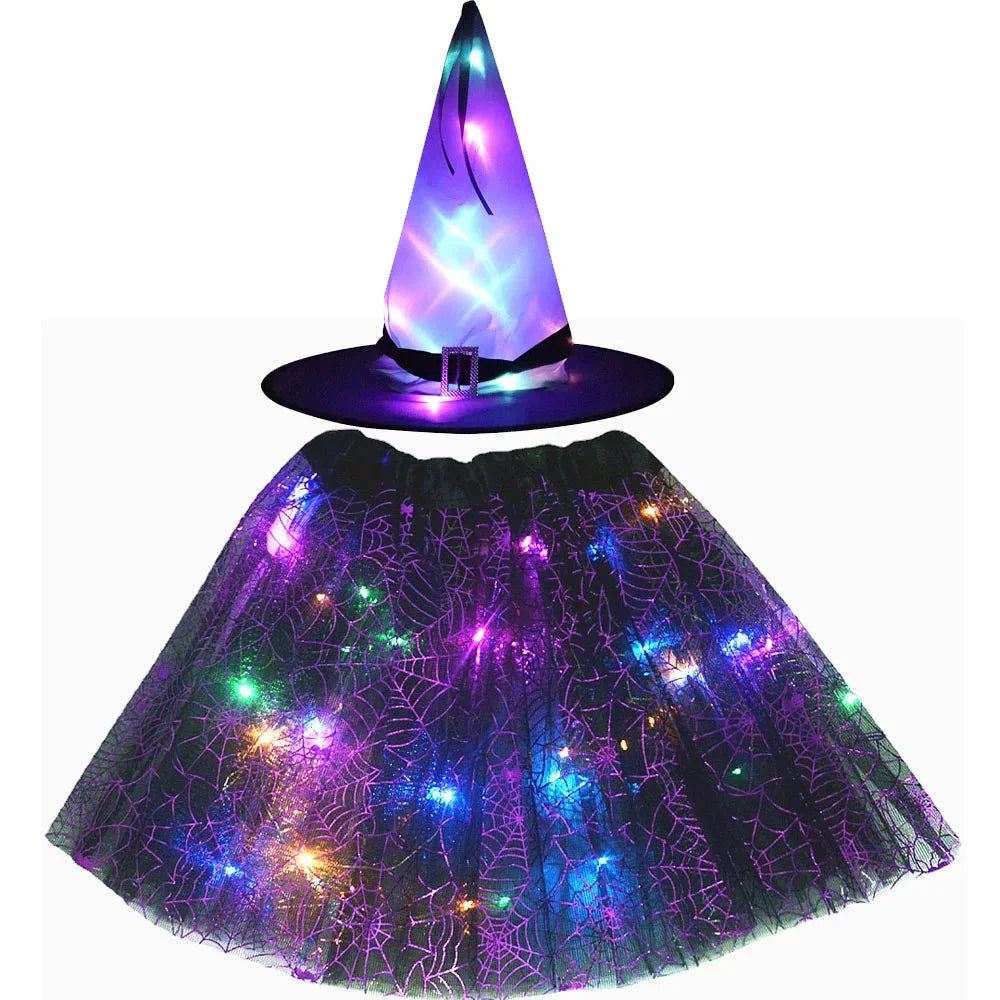 Women Kids Girl Luminous LED Glow Light Up Elf Witch Hat Star Skirt Spider Web Tutu Wizard Costume Party Gift Halloween Festival