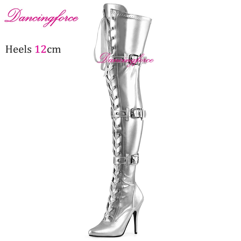 Dancingforce Sexy Long Boots Women Pink Over The Knee High Heels Luxury Design Dance Shoes Stiletto Thigh High Boots