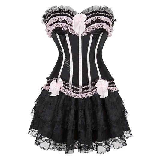 Corset Dress Bustier Skirt Tutu Set Stripe Lace Up Gothic Victorian Lolita Vintage Sexy Exotic Burlesque Korsett Plus Size