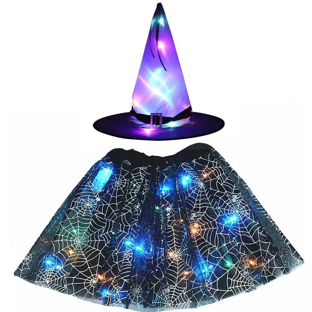 Women Kids Girl Luminous LED Glow Light Up Elf Witch Hat Star Skirt Spider Web Tutu Wizard Costume Party Gift Halloween Festival