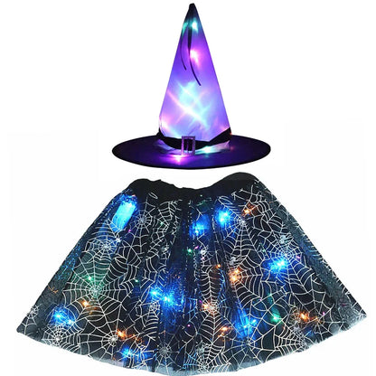 Women Kids Girl Luminous LED Glow Light Up Elf Witch Hat Star Skirt Spider Web Tutu Wizard Costume Party Gift Halloween Festival