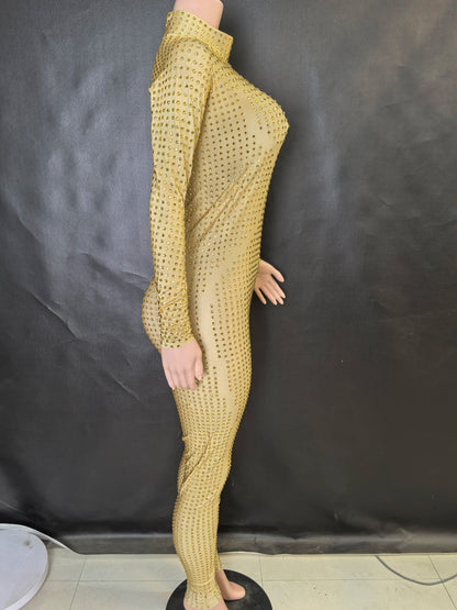 Sparkly Long Sleeve Crystal Rompers Pole DanceBodycon Bodysuits Stage Performance WearWomen Party One Piece Jumpsuits  7G