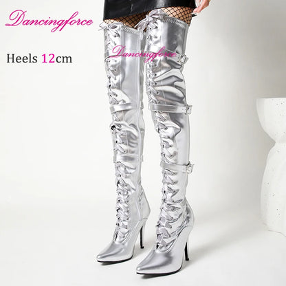 Dancingforce Sexy Long Boots Women Pink Over The Knee High Heels Luxury Design Dance Shoes Stiletto Thigh High Boots
