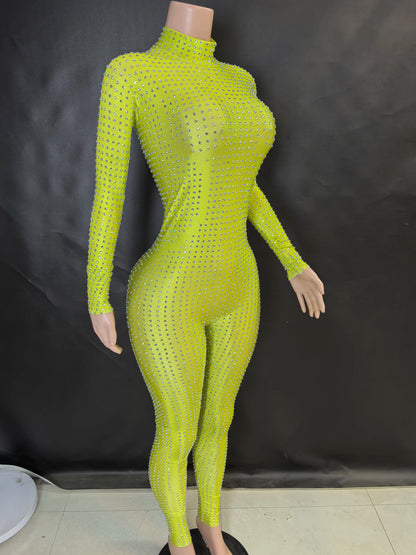 Sparkly Long Sleeve Crystal Rompers Pole DanceBodycon Bodysuits Stage Performance WearWomen Party One Piece Jumpsuits  7G