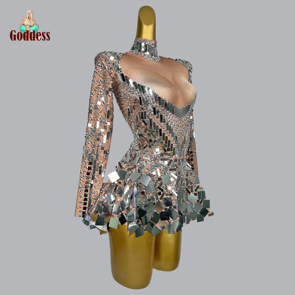 Women's Sexy Stage Rhinestones Mirrors Bodysuit Birthday Celebrate Party Outfit Singer Dancer Show Leotard Performance Costume