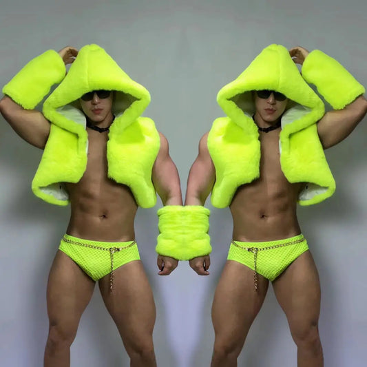 Adult Male Pole Dance Costume Fluorescent Green Sexy Imitation Fur Outfit Nightclub Gogo Dance Clothes Dj Ds Dancer Wear yj976