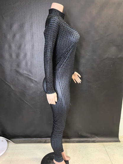 Sparkly Long Sleeve Crystal Rompers Pole DanceBodycon Bodysuits Stage Performance WearWomen Party One Piece Jumpsuits  7G