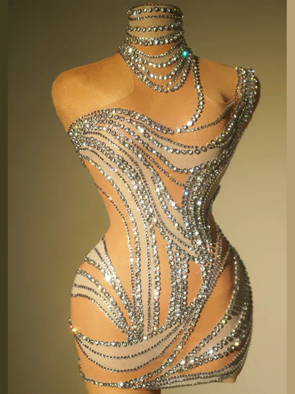 Sexy See Through Mesh Women Party Dress Birthday Sparkly Rhinestones Dinner Evening Dress Photo Shoot Sing Performance Costume