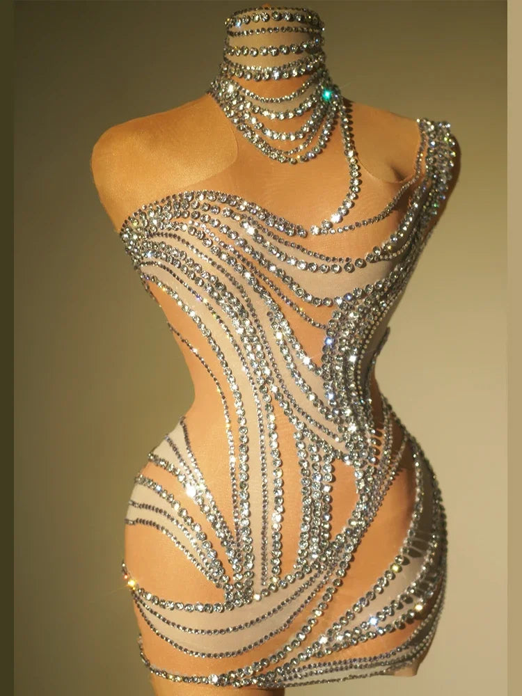 Sexy See Through Mesh Women Party Dress Birthday Sparkly Rhinestones Dinner Evening Dress Photo Shoot Sing Performance Costume