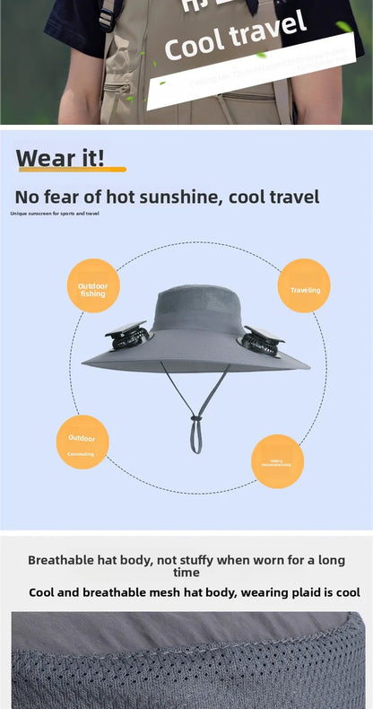Summer New Dual Solar Fan Hat For Men Outdoor Fishing Sun Protection Visor Hat Large Brim Quick Drying Waterproof Bucket Hat