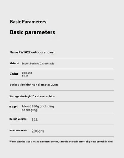 Lohascamping Outdoor Pressure Shower Portable 11L Inflatable Shower Water Bag Camping Lightweight PVC Bathing Bag Washing Tools