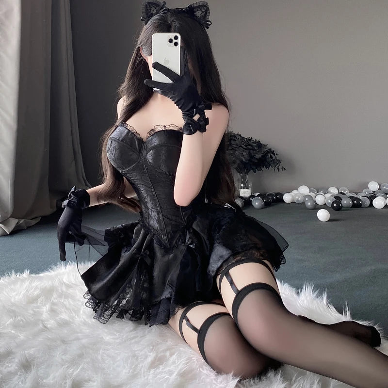 Sexy Underwear Women Lingerie Lace Push Up Underwire Gather Bra Fetish Corset Split Tutu Skirt Uniform Chest Punk Body Goth Tops