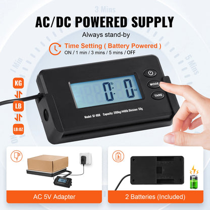 SucceBuy 440lbs Digital Shipping Scale with Timer Tare Function HD LCD Screen Portable Package Postal Scale for Home Post Office