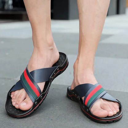 FUQIAO New Genuine Leather Men Slippers Beach Shoes Comfortable Men Summer Flat Heels Male Slides Luxury Plus Size 38-48