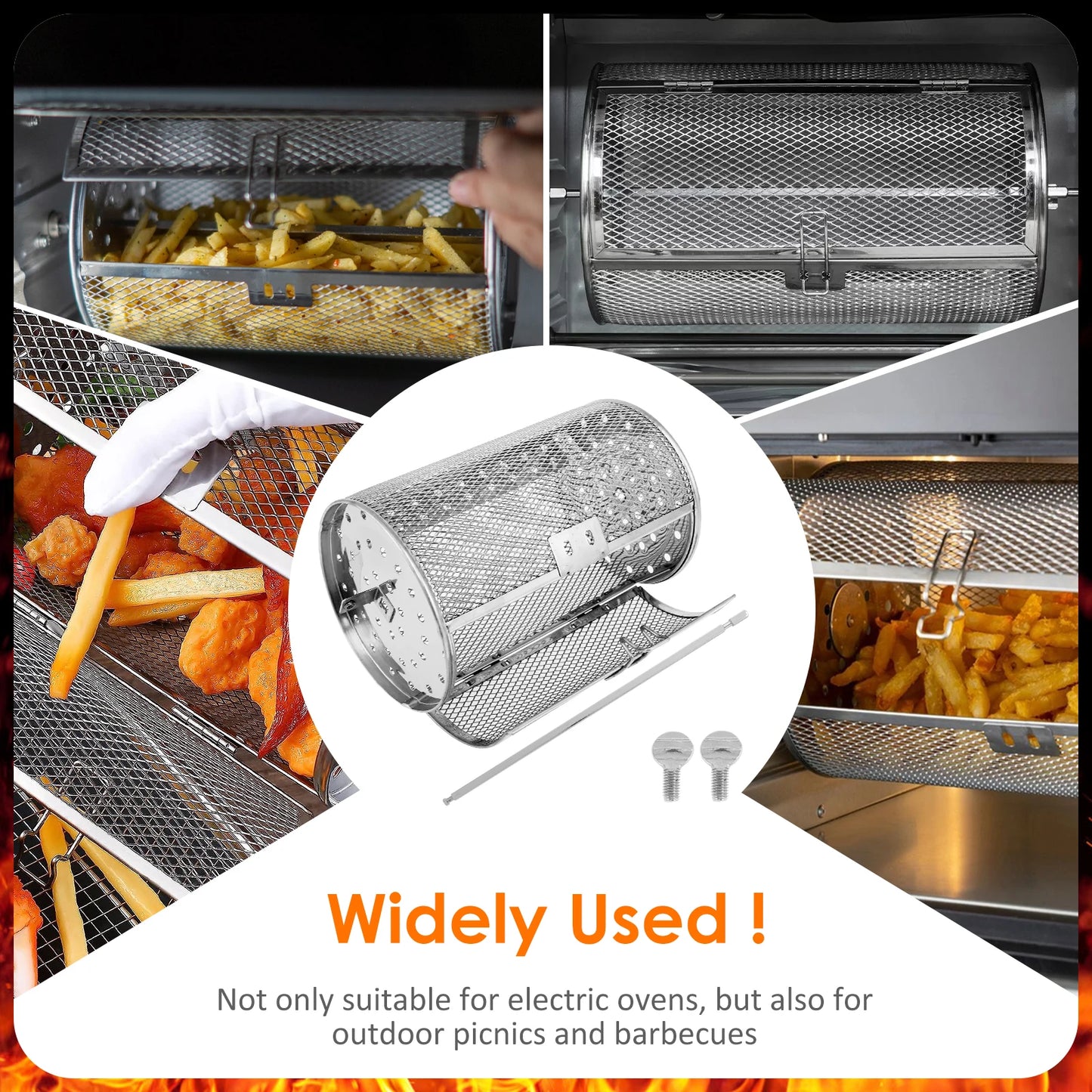 Rotisserie Basket 360° Rotated Stainless Steel Rotisserie Grill Roaster Non-Stick Washable Heat Resistant Oven Round Rack Basket