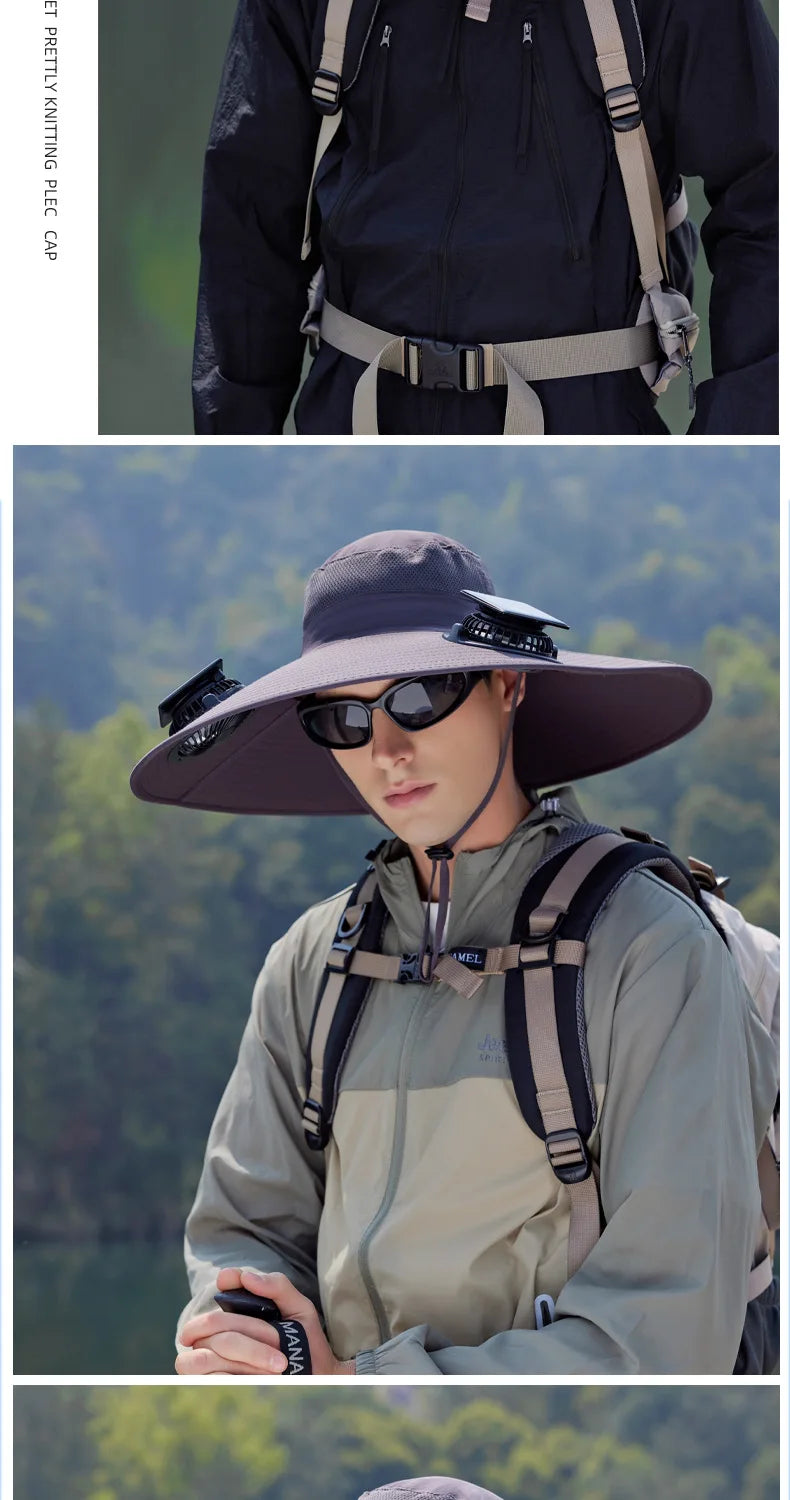 Summer New Dual Solar Fan Hat For Men Outdoor Fishing Sun Protection Visor Hat Large Brim Quick Drying Waterproof Bucket Hat