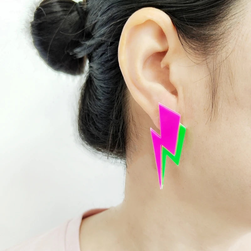KUGUYS Two Tone Lightning Stud Earrings for Women Glitter Mirror Neon Acrylic Beach Jewelry Summer Accessories