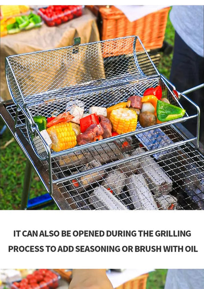 Stainless Steel Rolling BBQ Grill Mesh Basket Grill Rotisserie Basket roll Barbecue cage Roaster