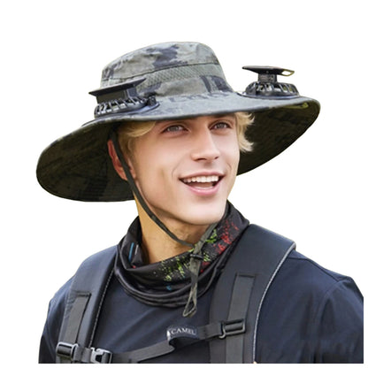 Mens Wide Brim Solar Fan Hat Outdoor 50+Upf Protection Sun Hats With 2 Solar Fan Hiking Fishing Solar Powered Visor Cap Dropping